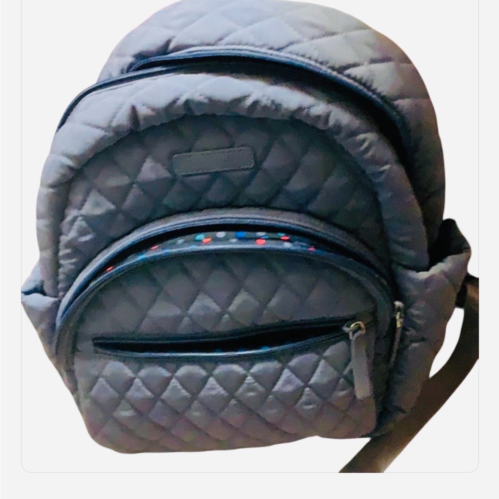 Vera Bradley Quilted Gray Backpack with Multicolor Dot Trim